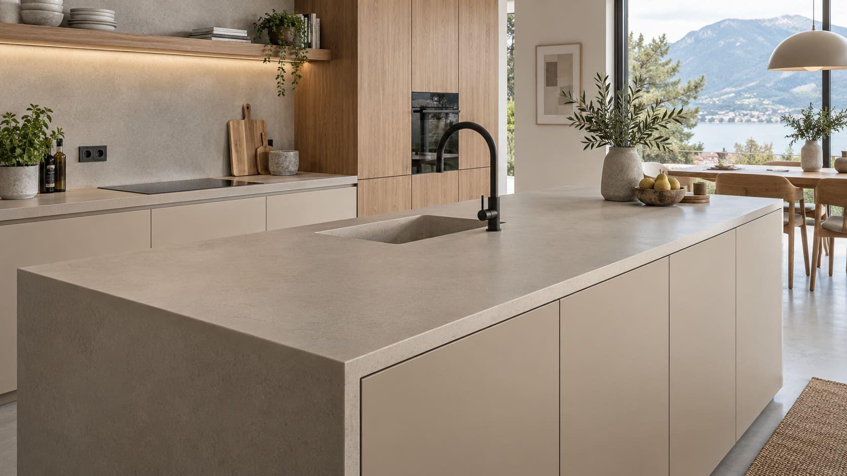 Kochinsel mit fugenlos in die Arbeitsplatte übergehender Spüle aus Mineralwerkstoff.